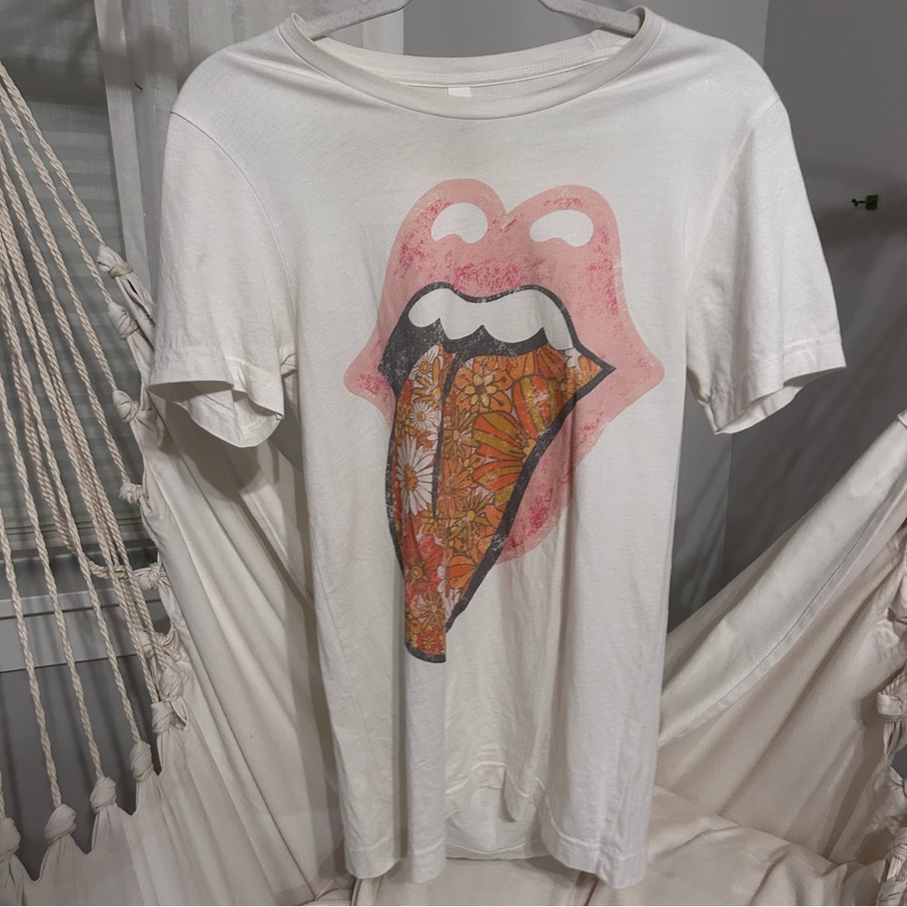 White Graphic T-Shirt with Pink and Orange Design